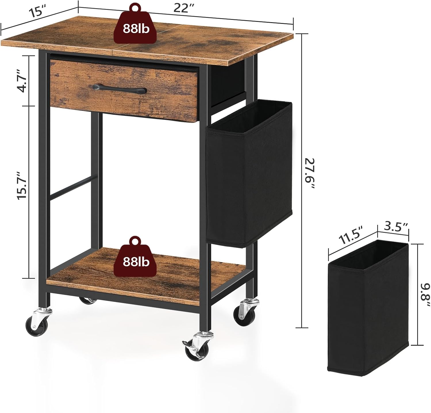 Rustic Brown Rolling Printer Cart with Storage Drawer C741