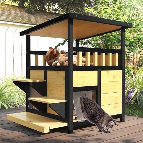 Outdoor Cat House Weatherproof Two Story Feral Cat Shelter with Escape Door Wood Dog Condo for Small Medium Pets Pull-Out Bottom Scratching Mat Included Black and Earthy Yellow F892775