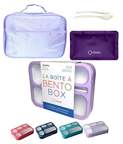 Blue & Pink Bento Lunch Boxes with Insulated Bag and Ice Pack Set of Two, 6 Compartments Leakproof BPA Free J813