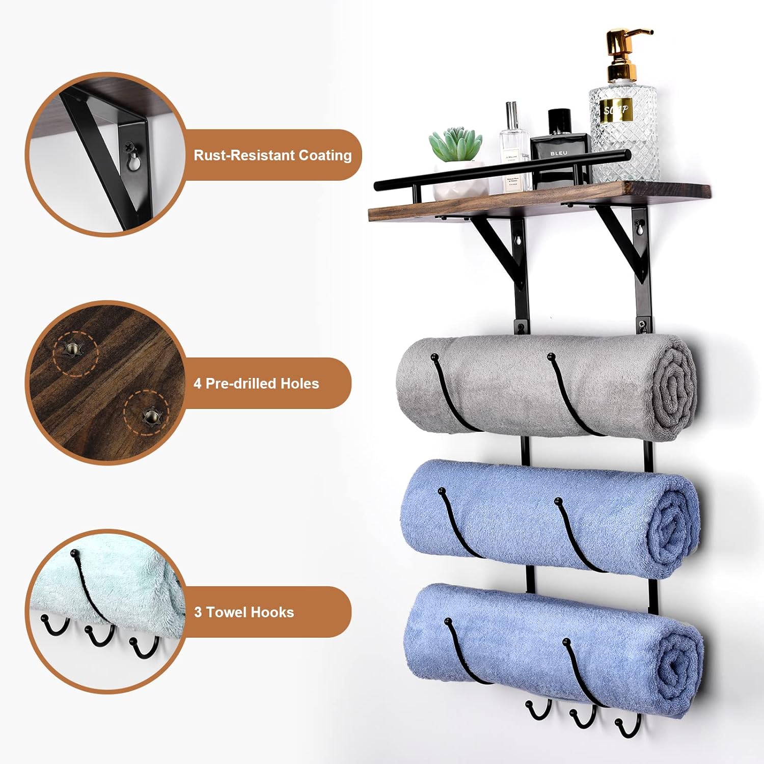 Metal Towel Rack with Wooden Shelf and 3 Hooks K864565
