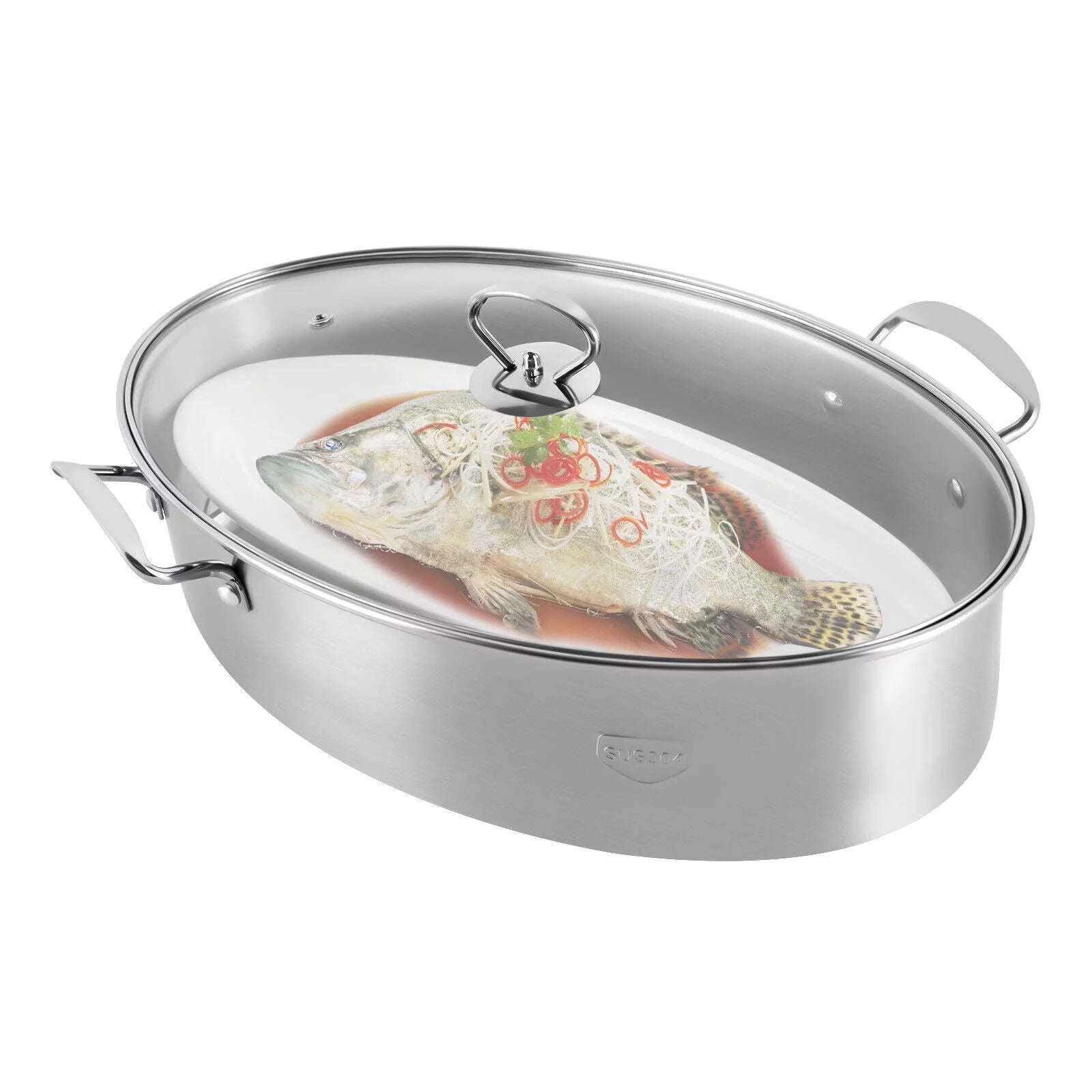 Stainless Steel Oval Fish Steaming Pot with Glass Lid Cookware K82653