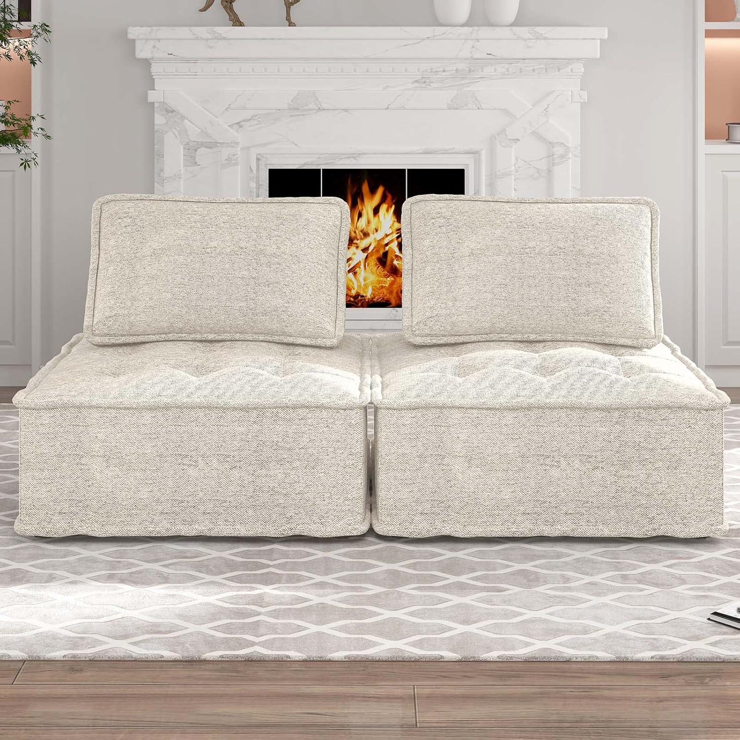 Beige Armless Floor Sofa 2PCS Modular with Removable Back Cushion P966