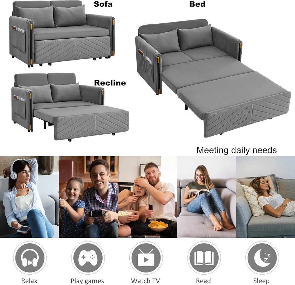 Gray Velvet Convertible Sofa with Pull Out Bed K844