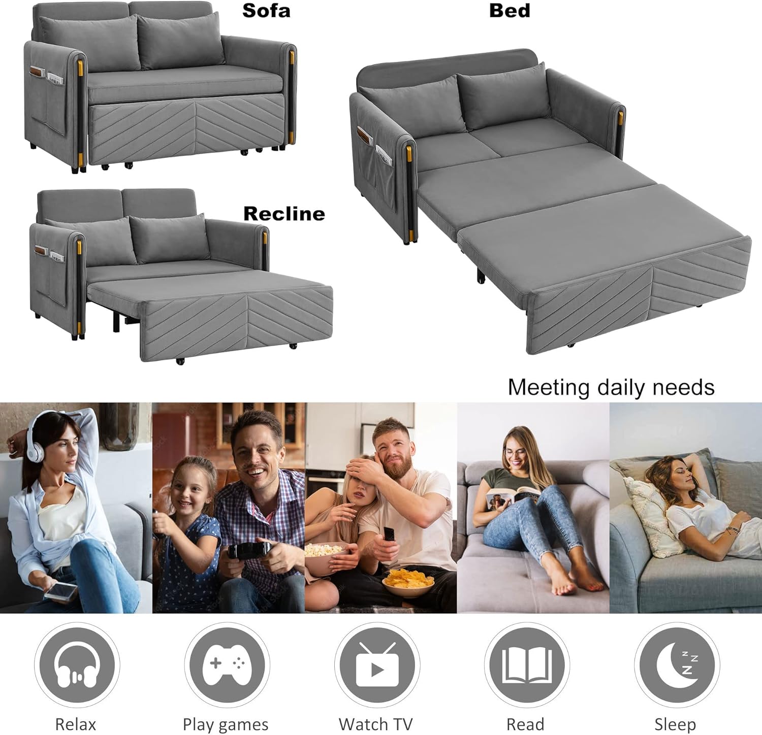 Gray Velvet Convertible Sofa with Pull Out Bed K844