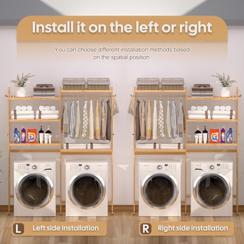 5 Tiers Bamboo Laundry Drying Rack with Adjustable Shelves and 4 Hooks D810036