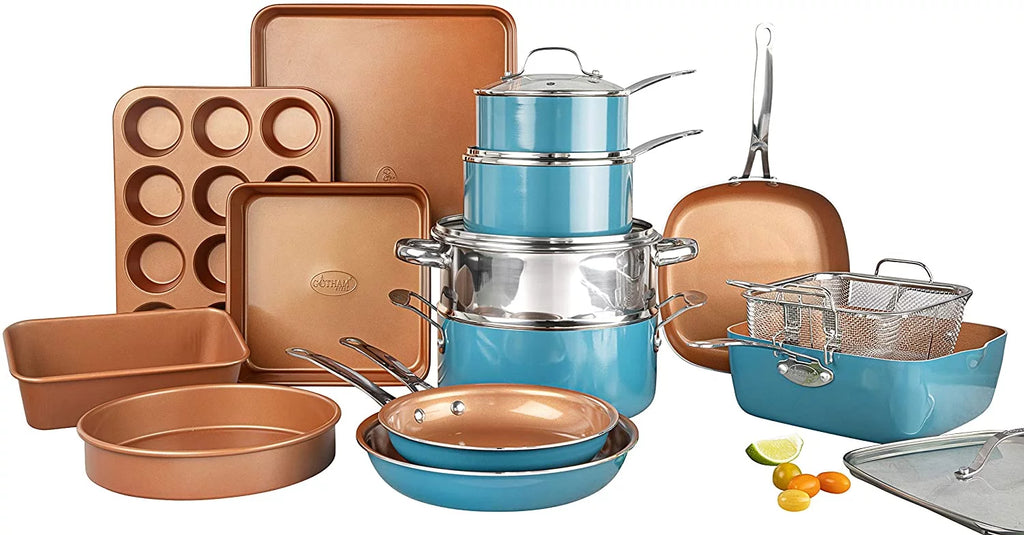 20 Piece Non-stick Ceramic Copper Cookware Bakeware Set Turquoise K114469