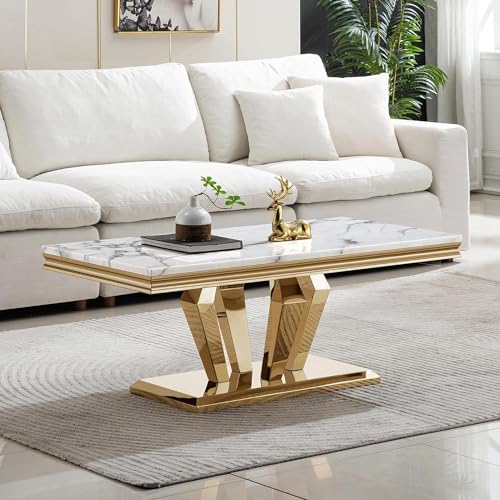 4 Piece Faux Marble Coffee Table Set with Gold Stainless Steel Base O6008