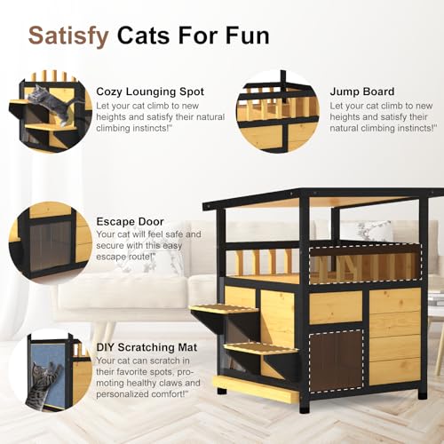 Outdoor Cat House Weatherproof Two Story Feral Cat Shelter with Escape Door Wood Dog Condo for Small Medium Pets Pull-Out Bottom Scratching Mat Included Black and Earthy Yellow F892775
