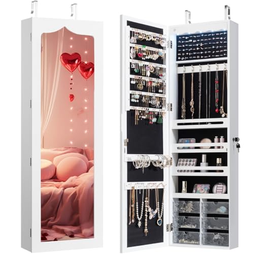 White Wall Mount Lockable Jewelry Cabinet Armoire with Full Length Mirror and 5 Lights U150870