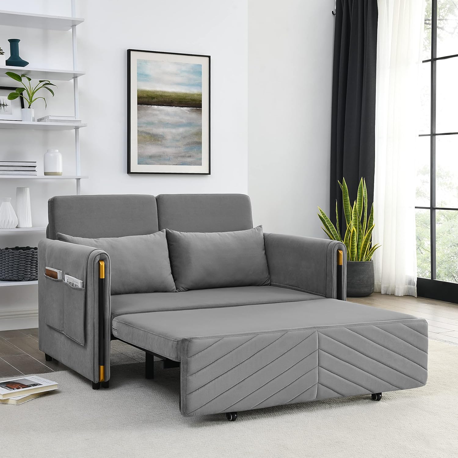 Gray Velvet Convertible Sofa with Pull Out Bed K844