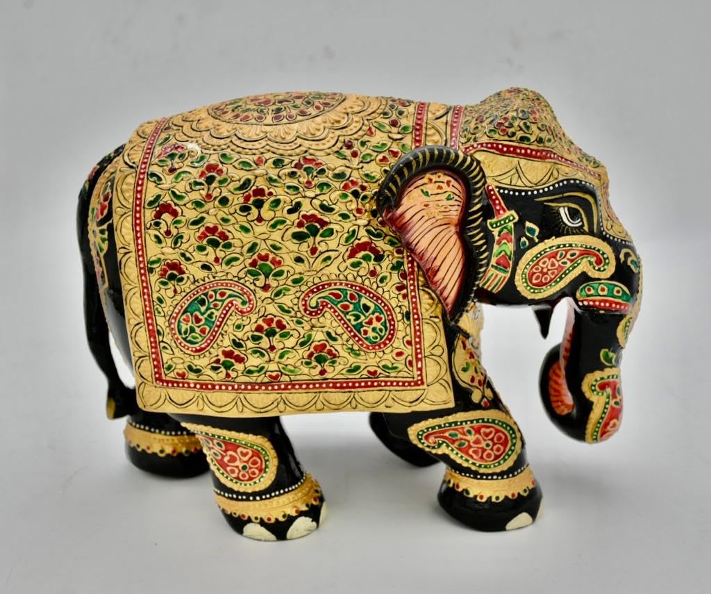 8 Inch Handmade Wooden Elephant Statue with Gold Foil O259240
