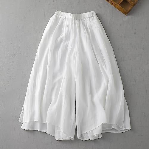Women Summer Palazzo Capri Pants Double Layer Wide Leg Elastic Waist Lightweight Trousers I375