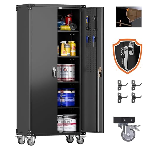 73''H Black Metal Garage Storage Cabinet with 2 Doors and 4 Adjustable Shelves Y310