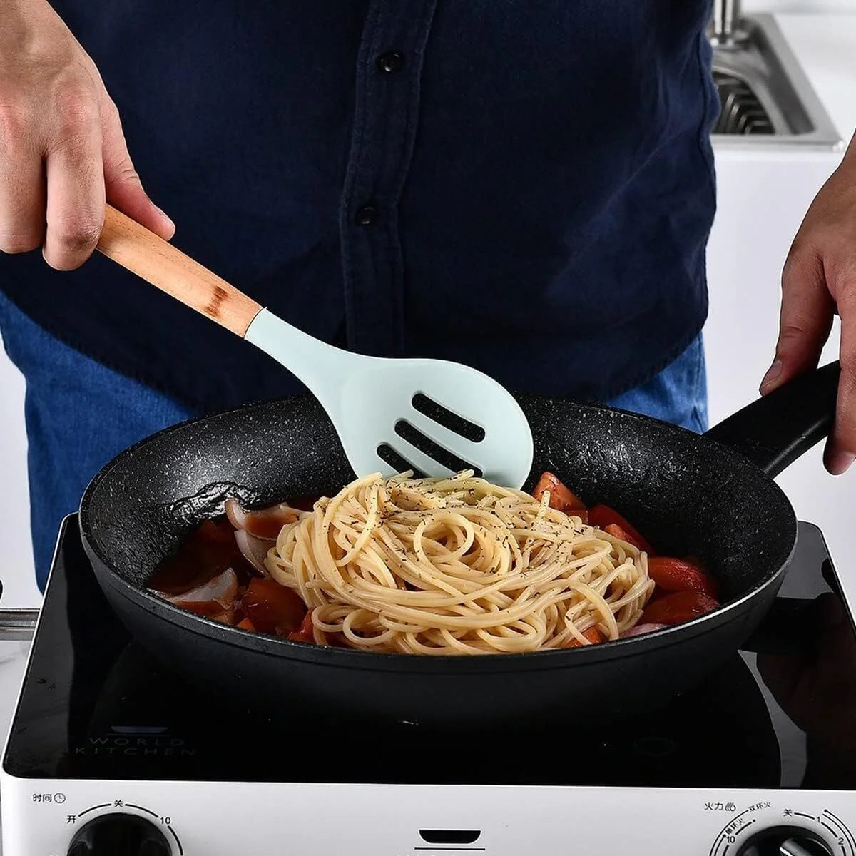 11 Pcs Non-Stick Silicone Cooking Utensils Set with Wooden Handle (Light Green) B581772