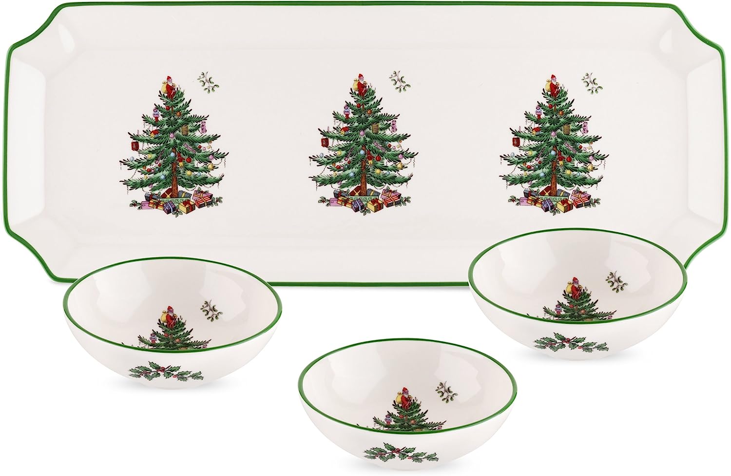 4 Piece Rectangular Tray with 3 Dip Bowls, Fine Earthenware S4852