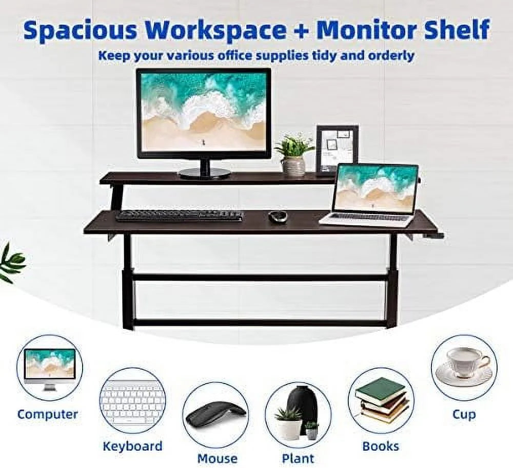2-Tier Height Adjustable Standing Desk with Monitor Stand (Brown) Y293