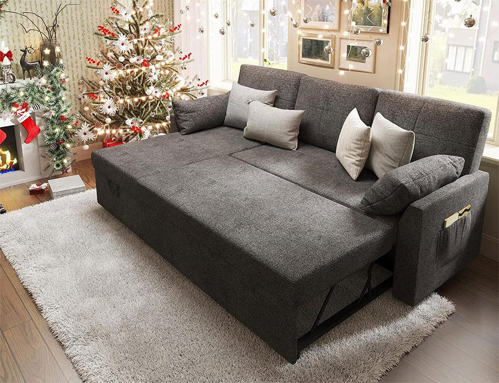 Gray Chenille Sleeper Sofa with Storage Chaise H5086