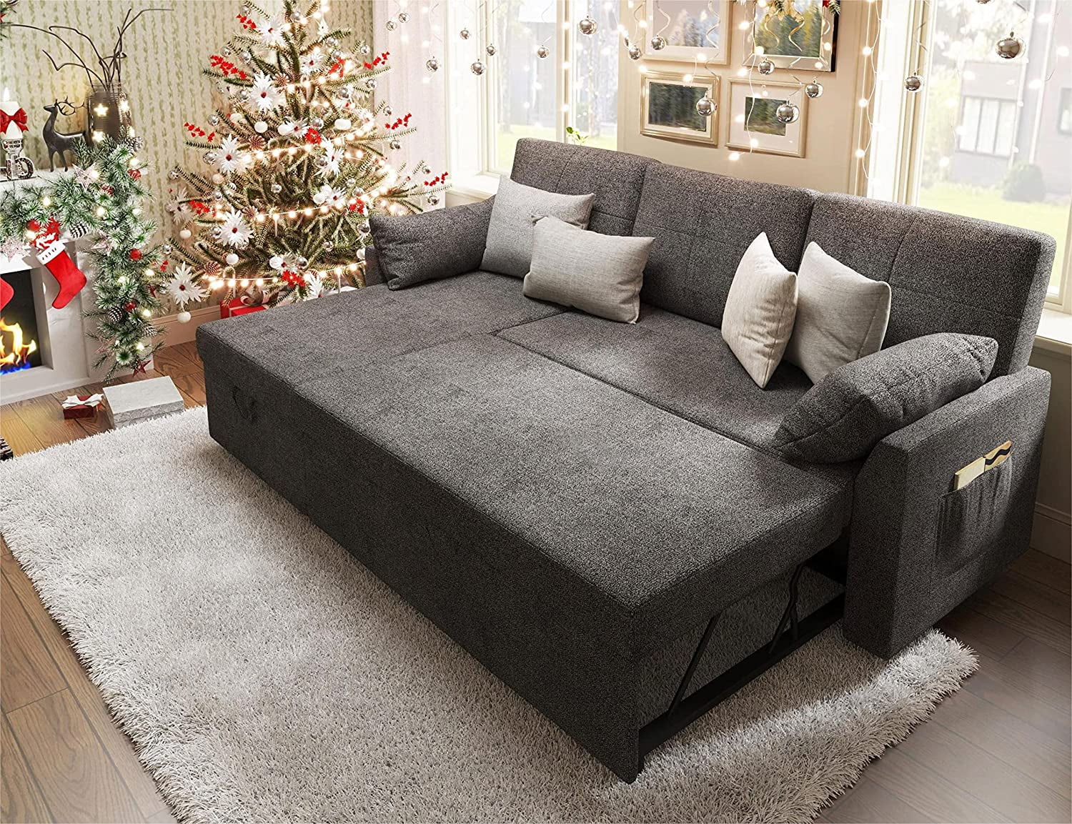 Gray Chenille Sleeper Sofa with Storage Chaise H5086