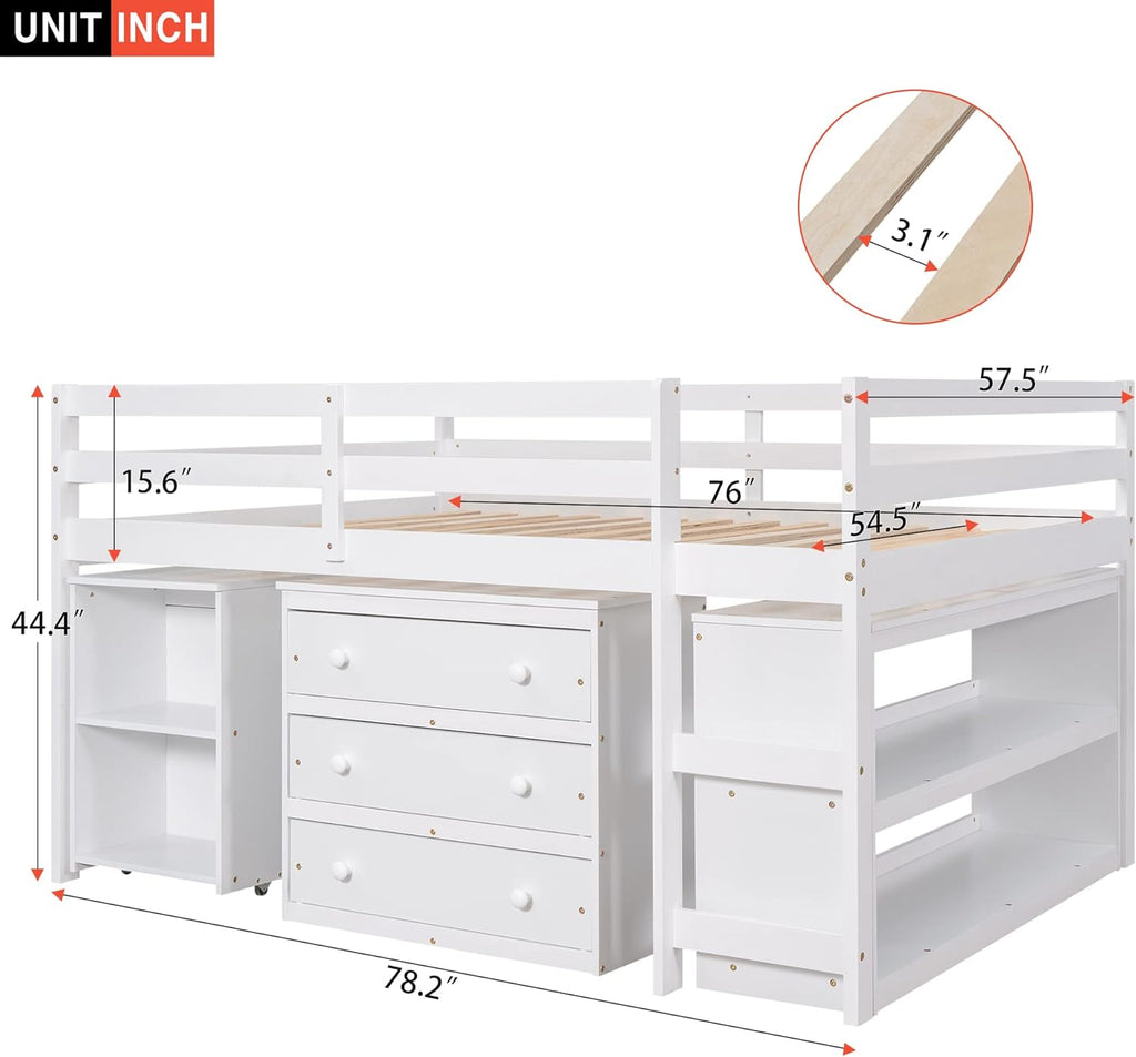 White Full Size Wood Loft Bed with Desk G75450