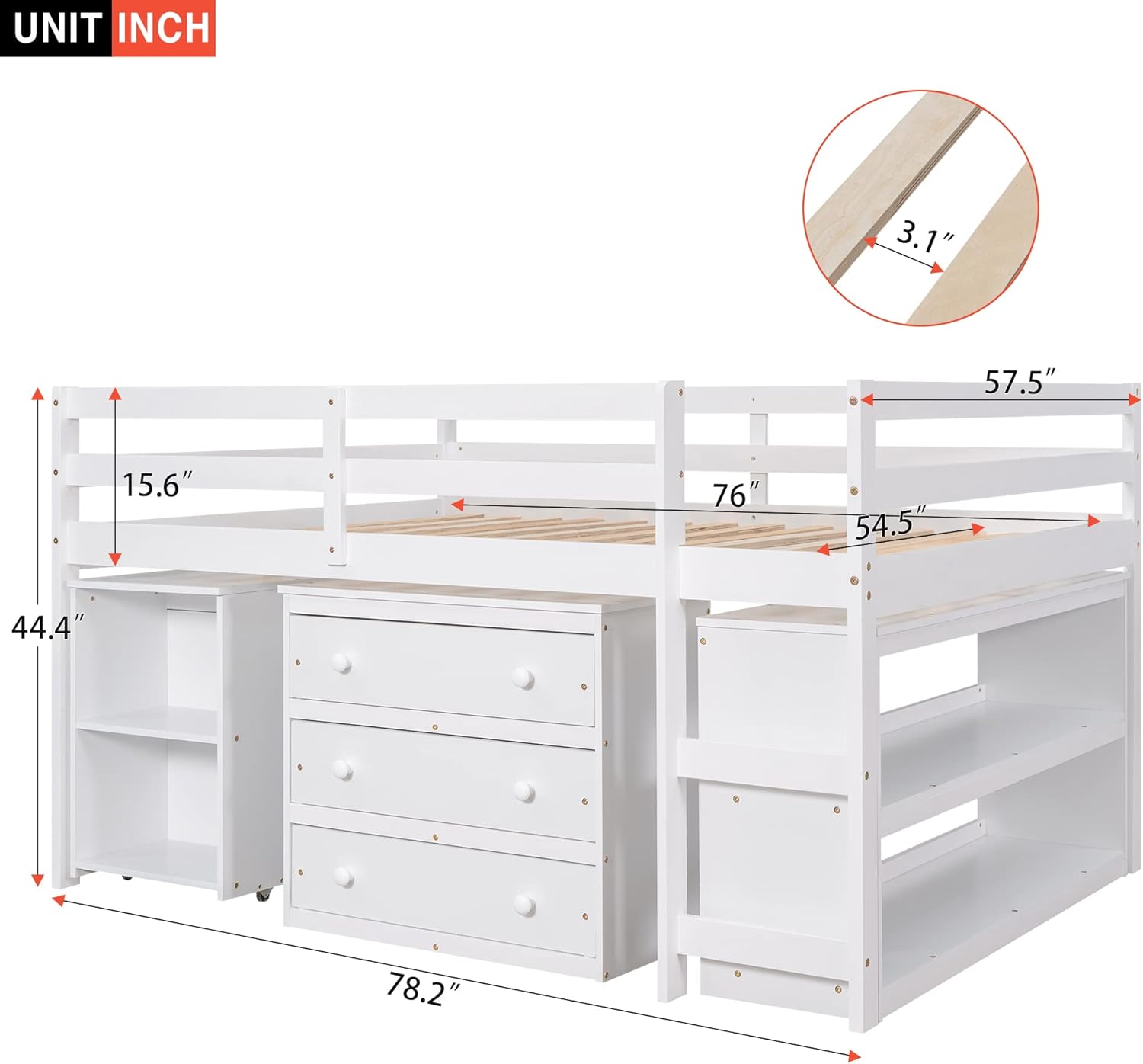 White Full Size Wood Loft Bed with Desk G75450