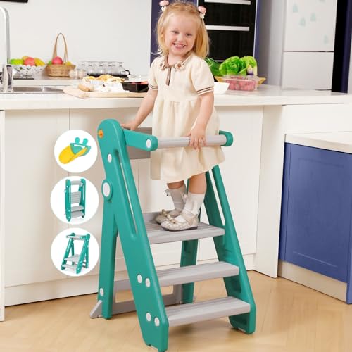 Foldable Adjustable Toddler Kitchen Stool with Handles Non-Slip Blue Grey M586