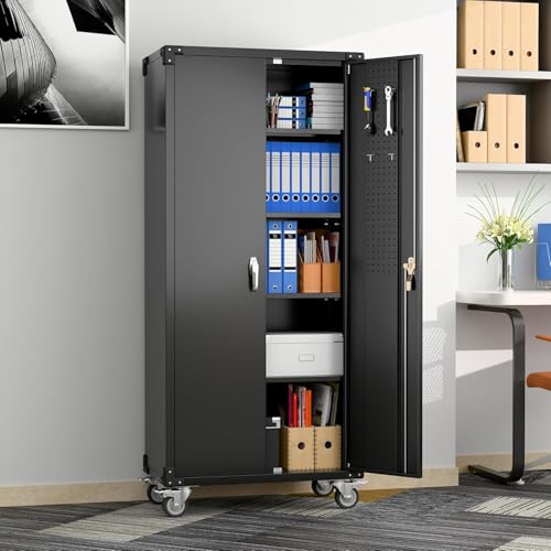 73''H Black Metal Garage Storage Cabinet with 2 Doors and 4 Adjustable Shelves Y310