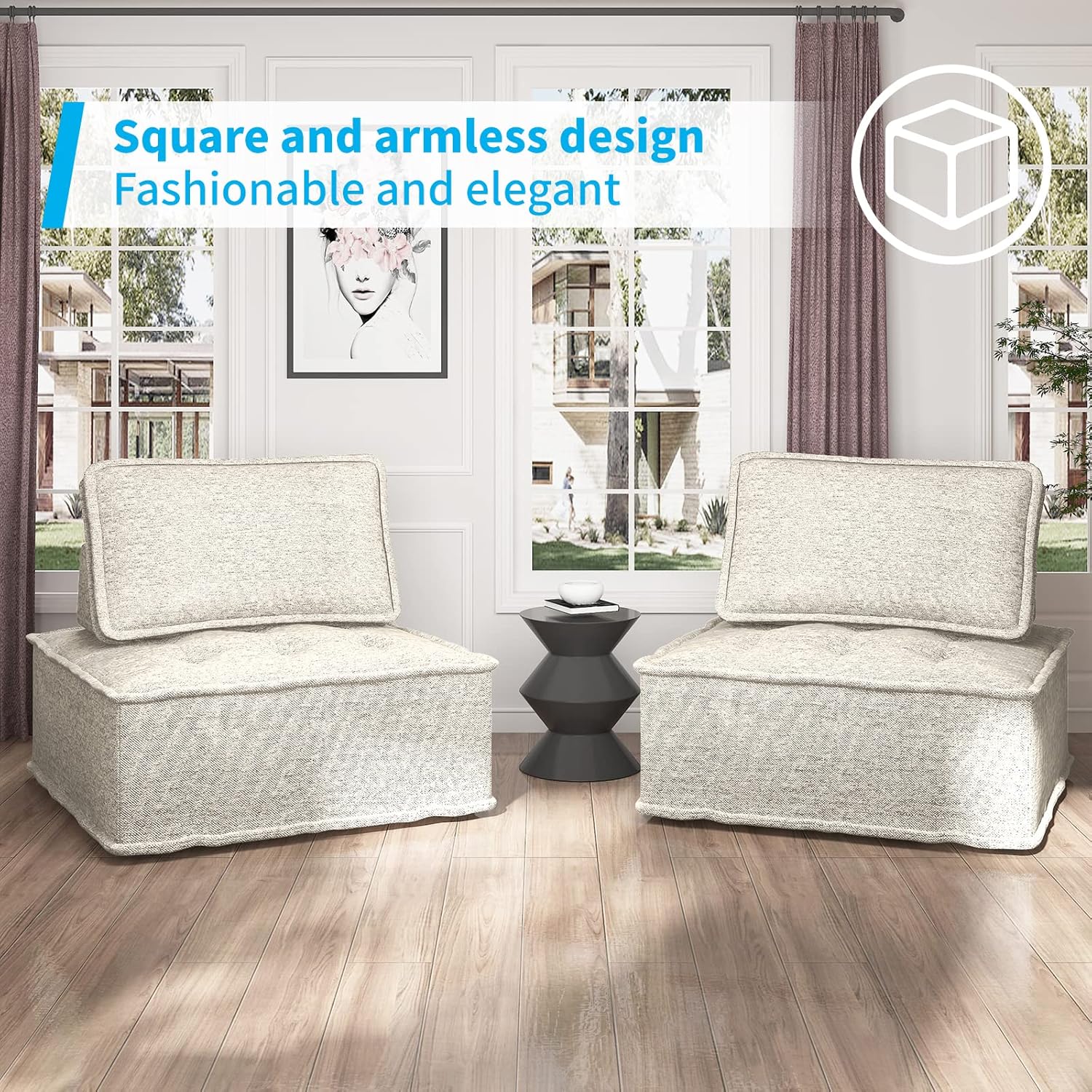 Beige Armless Floor Sofa 2PCS Modular with Removable Back Cushion P966