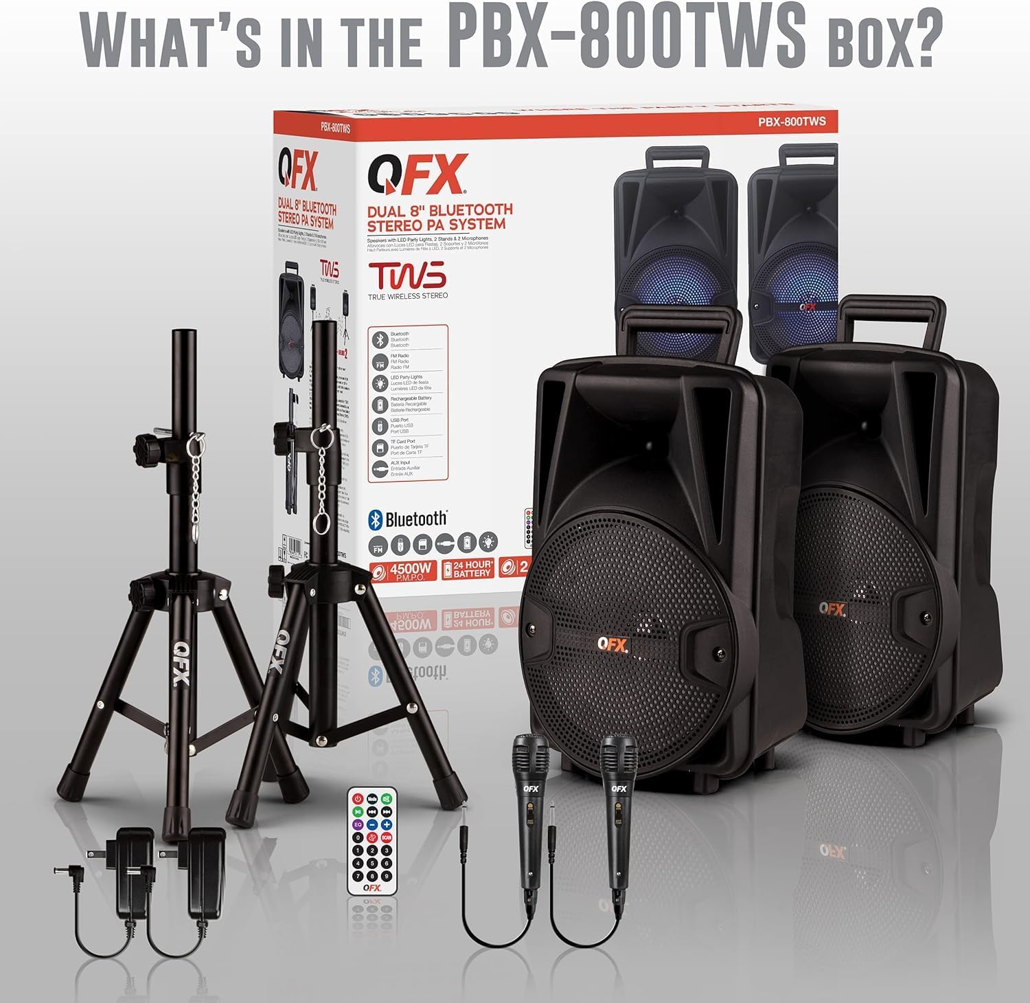 8-Inch TWS Bluetooth Stereo PA System with 2 Speakers, 2 Microphones, 2 Stands, and Remote Control V845807