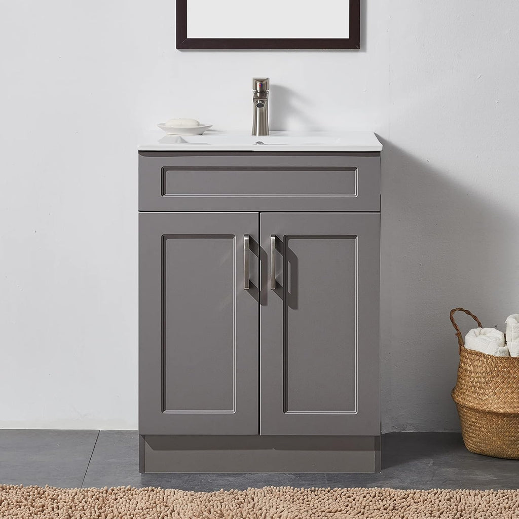 Gray 24 Inch Bathroom Vanity with Sink and White Ceramic Vessel Basin Top V276