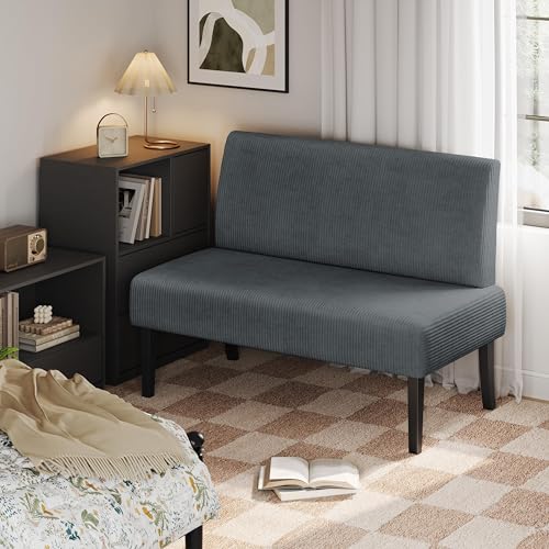 Small Comfy Sofa Mini Loveseat Couch 2-Seater Armless Sofa Chair, Corduroy Fabric, Dark Gray K215