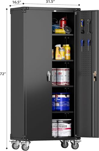 73''H Black Metal Garage Storage Cabinet with 2 Doors and 4 Adjustable Shelves Y310