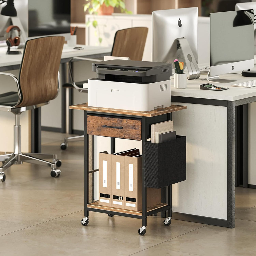 Rustic Brown Rolling Printer Cart with Storage Drawer C741