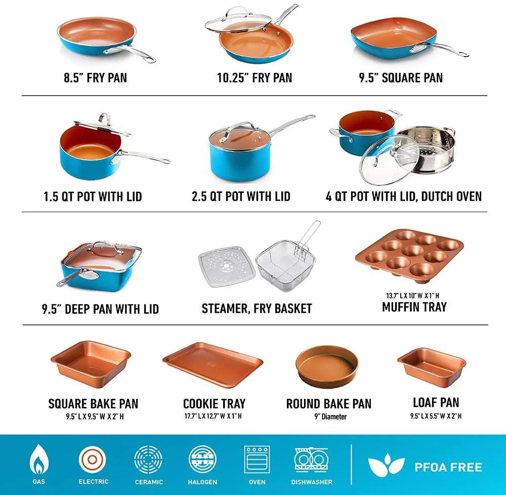 20 Piece Non-stick Ceramic Copper Cookware Bakeware Set Turquoise K114469