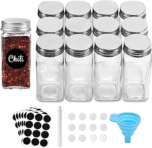 12 Pcs 4oz Empty Square Glass Spice Jars with Airtight Metal Caps and Shaker Lids A50779