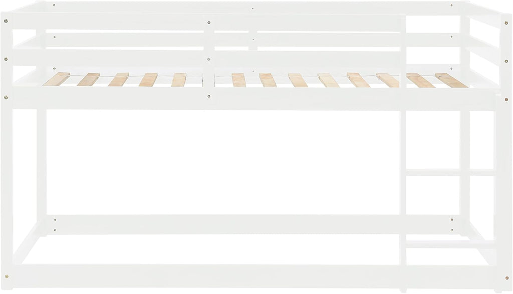 White Twin Over Twin Loft Bed Wooden Bed Frame with Safety Guardrail and Ladder B891893