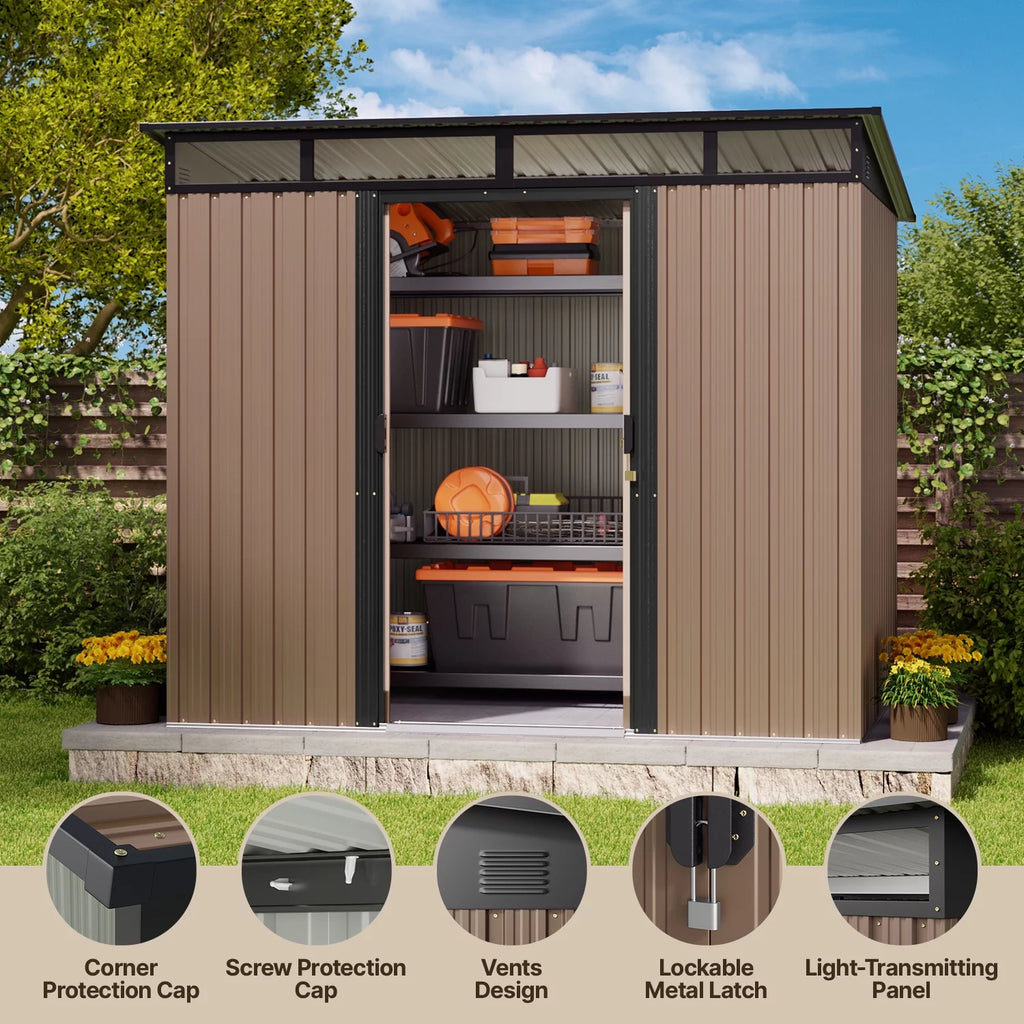 Light Brown 8'x6' Outdoor Storage Shed with Sliding Doors S228