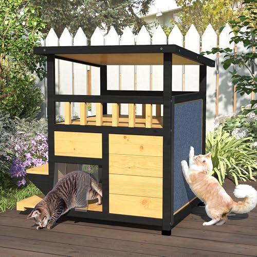 Outdoor Cat House Weatherproof Two Story Feral Cat Shelter with Escape Door Wood Dog Condo for Small Medium Pets Pull-Out Bottom Scratching Mat Included Black and Earthy Yellow F892775