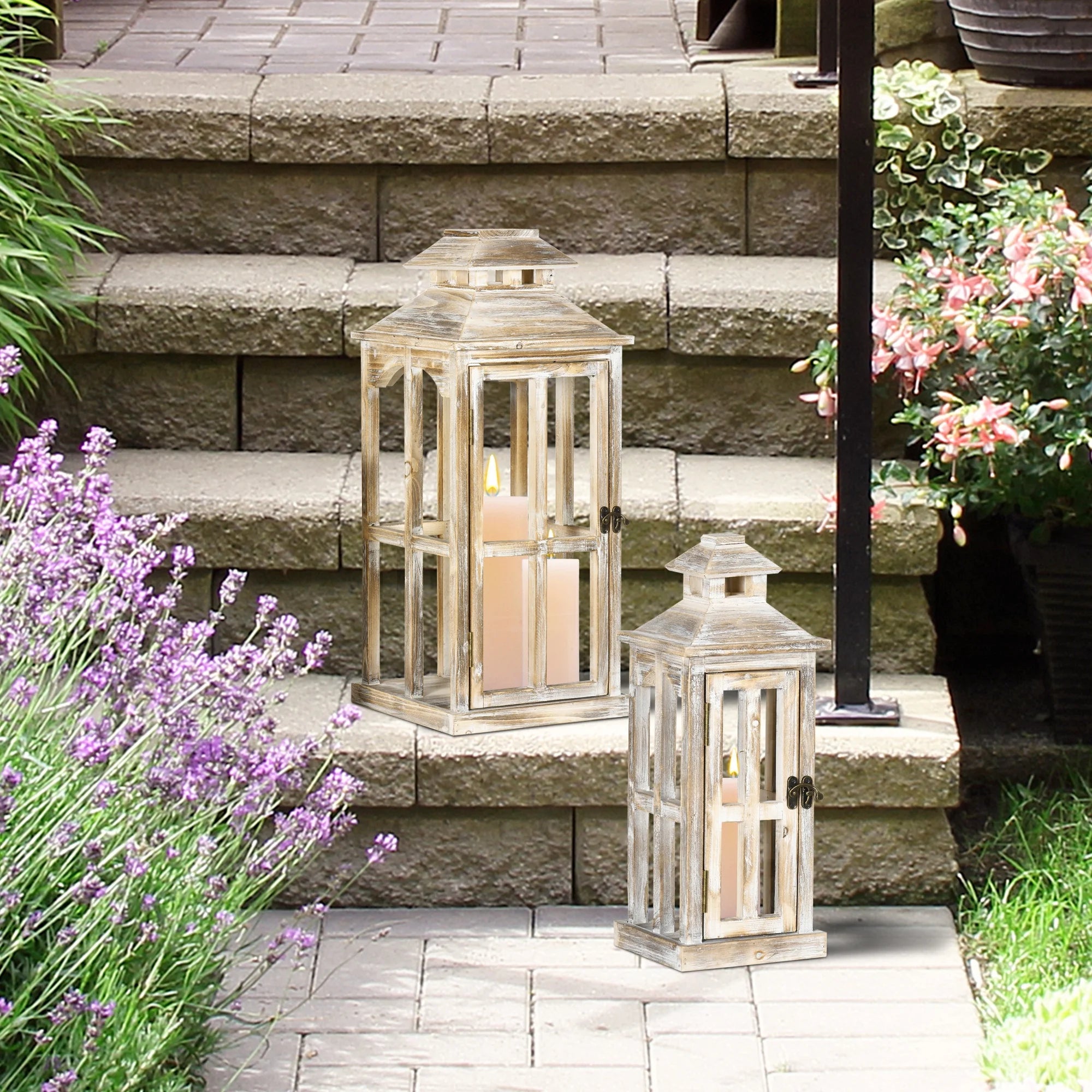 2 Pack Large Rustic Wooden Lantern Decorative, Natural B475309