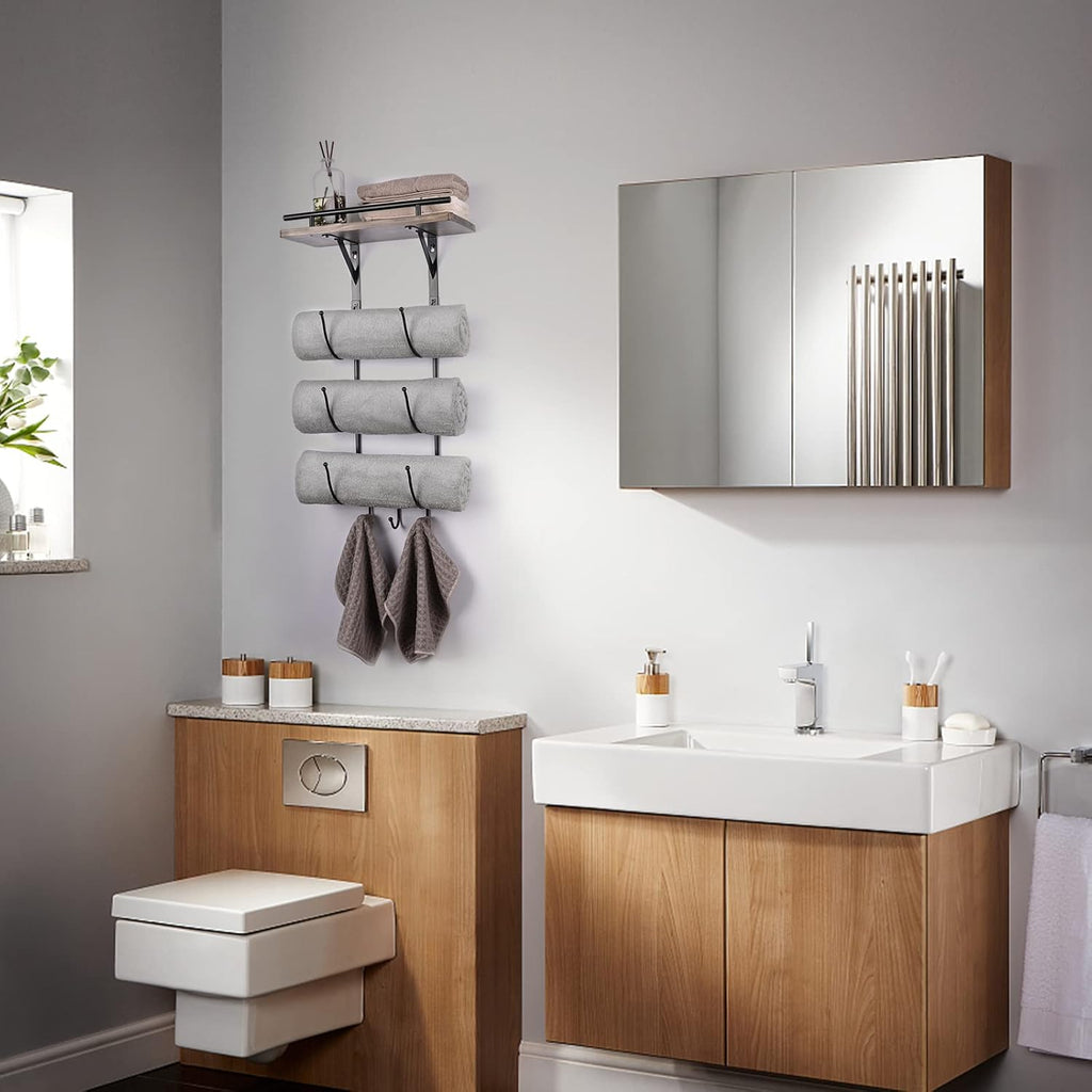 Metal Towel Rack with Wooden Shelf and 3 Hooks K864565