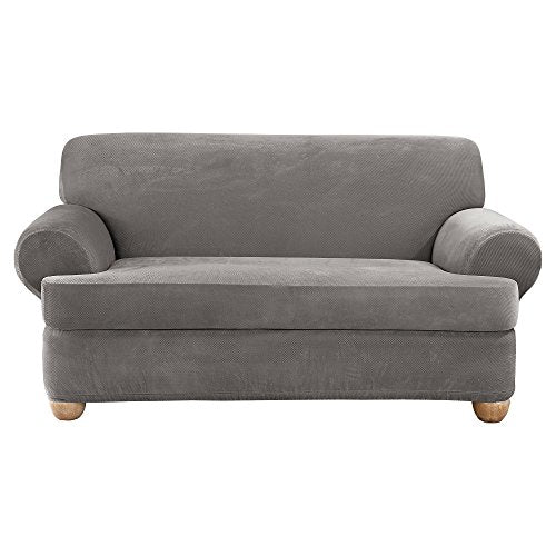 Flannel Gray Stretch Pique Separate Seat Loveseat Slipcover G8411