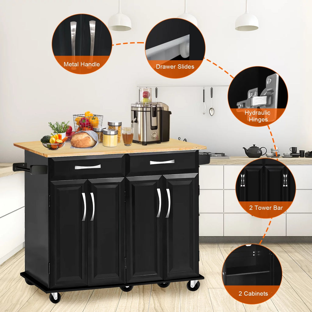 Black Rubber Wood Top Kitchen Island with Drawers and Storage Cabinet S11325