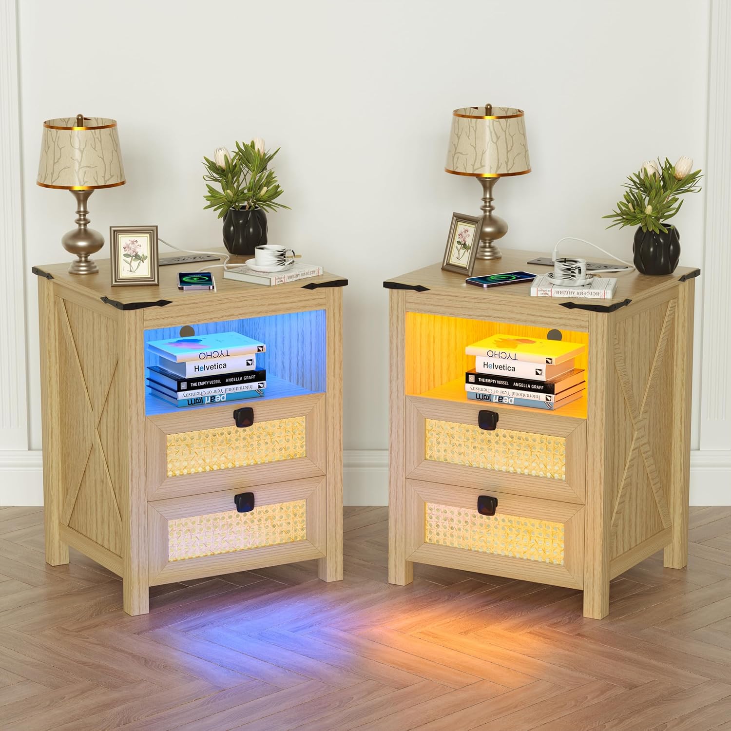 Natural Wood Nightstand Set of 2 with Charging Station H48598