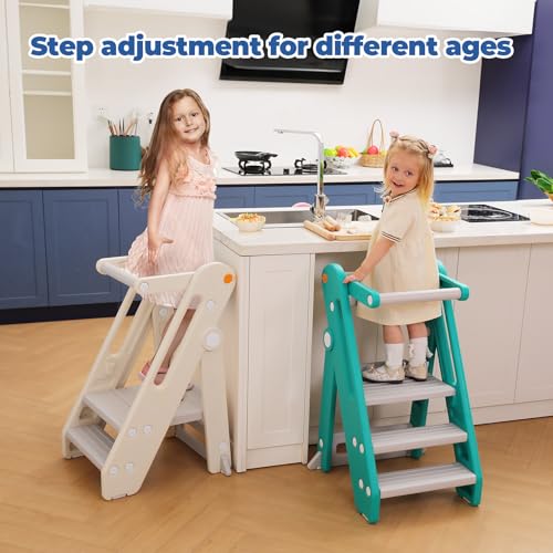 Foldable Adjustable Toddler Kitchen Stool with Handles Non-Slip Blue Grey M586