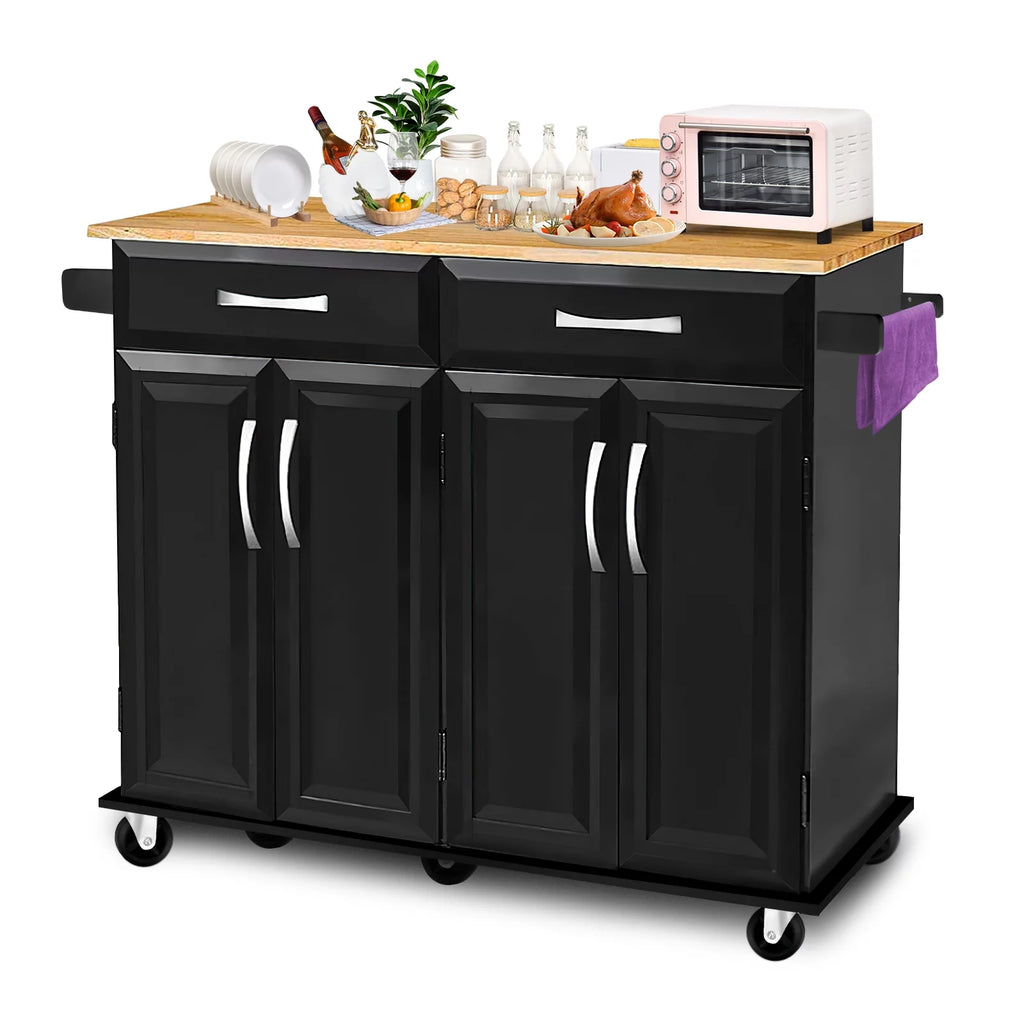 Black Rubber Wood Top Kitchen Island with Drawers and Storage Cabinet S11325