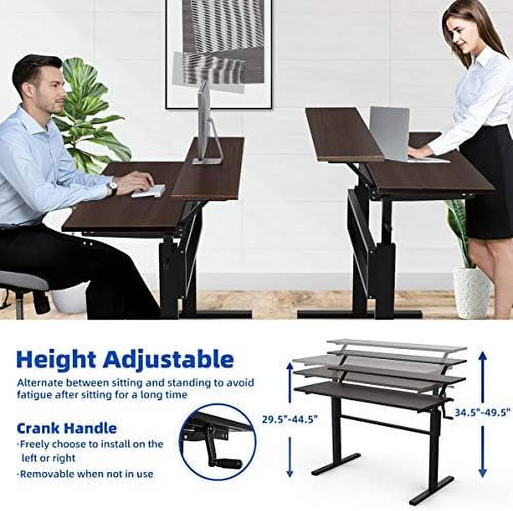 2-Tier Height Adjustable Standing Desk with Monitor Stand (Brown) Y293