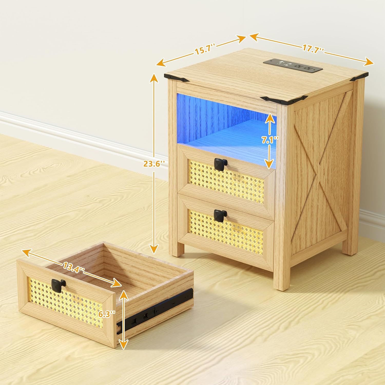 Natural Wood Nightstand Set of 2 with Charging Station H48598