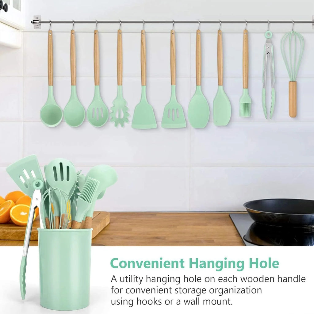 11 Pcs Non-Stick Silicone Cooking Utensils Set with Wooden Handle (Light Green) B581772