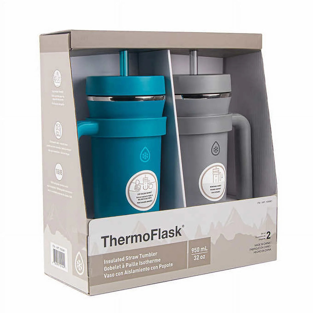 32oz Insulated Straw Tumbler with Handles, 2-pack (Teal & Grey) T40385