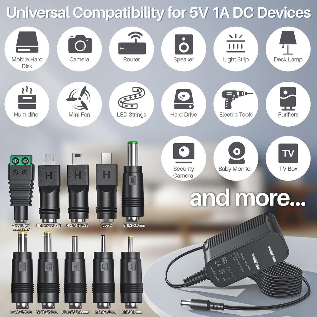 5V 1A AC Adapter Power Supply with 10 Interchangeable Jacks E60043