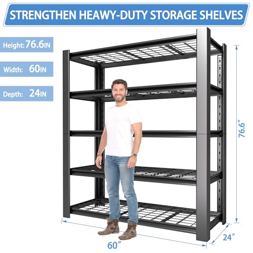 5-Tier Heavy Duty Metal Garage Shelving Unit with Wire Shelves, 3000 LBS Capacity, 76"H x 60"W x 24"D, Adjustable Boltless Steel Shelves D9242